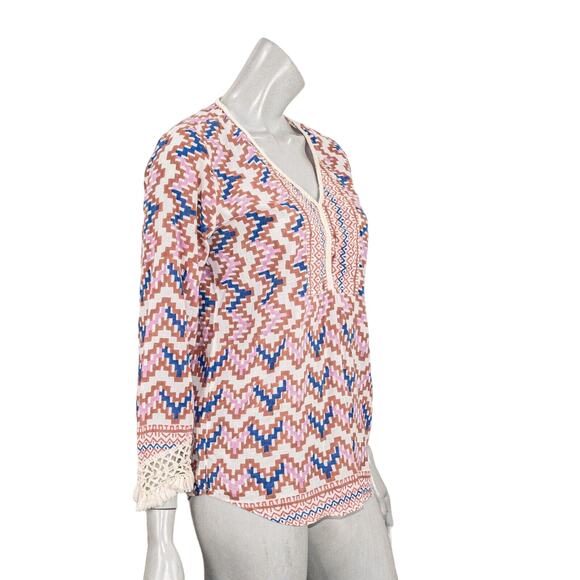 Roberta Roller Rabbit Women's Vneck Blouse Crochet cuffs multi color sz Small - Picture 3 of 9